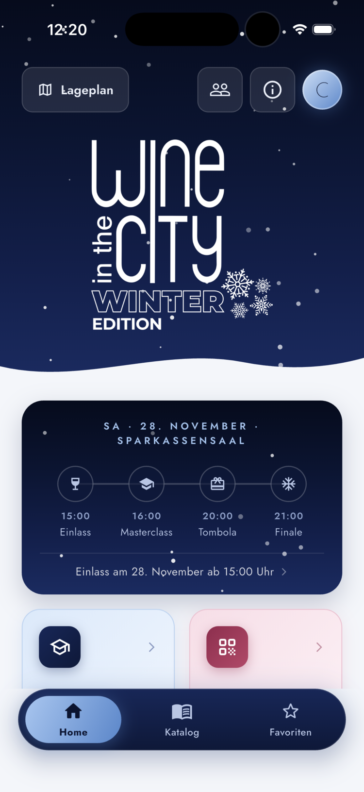 Startbildschirm der Winteredition-App: Lageplan, Event-Ablauf mit Einlass, Masterclass, Tombola und Finale sowie die Kacheln f&uuml;r Masterclasses und Stempelpass